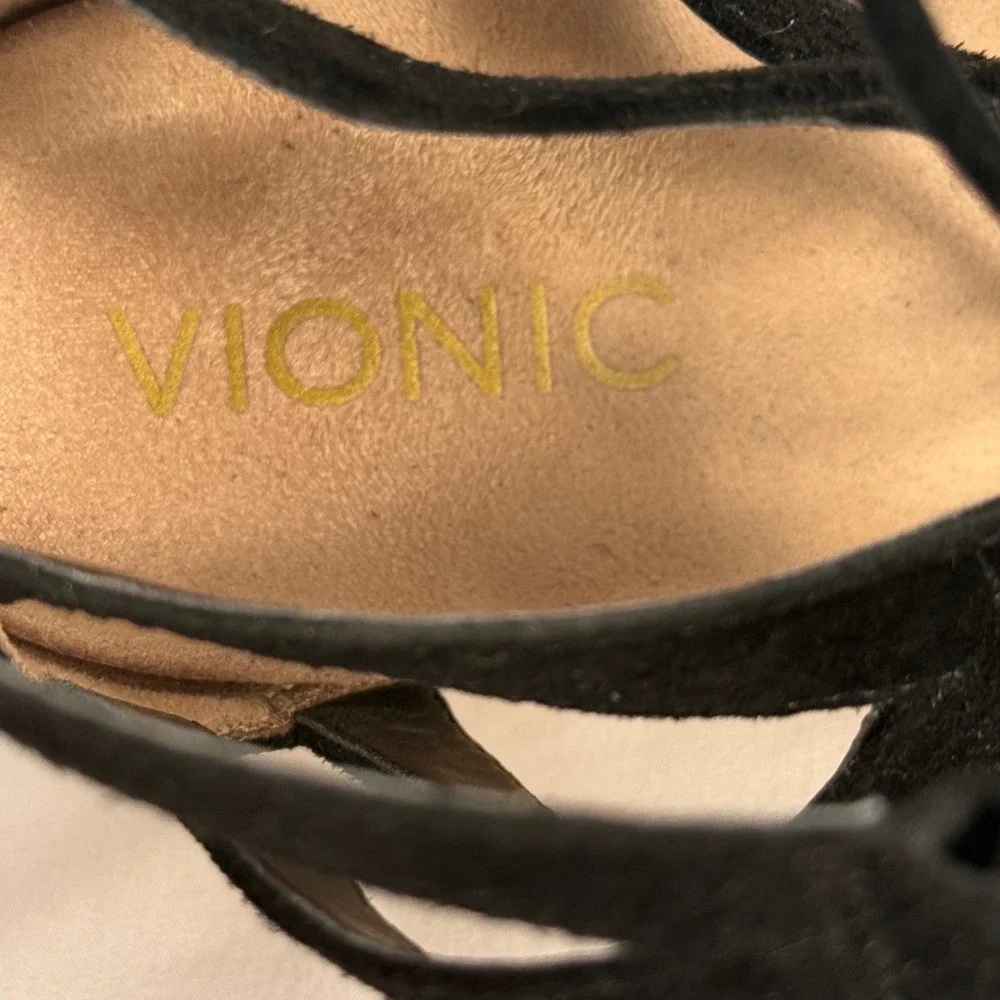 Vionic Calypso Black Suede Espadrille Wedge‎ Sandals Lace Up Cap Toe Women's 7.5